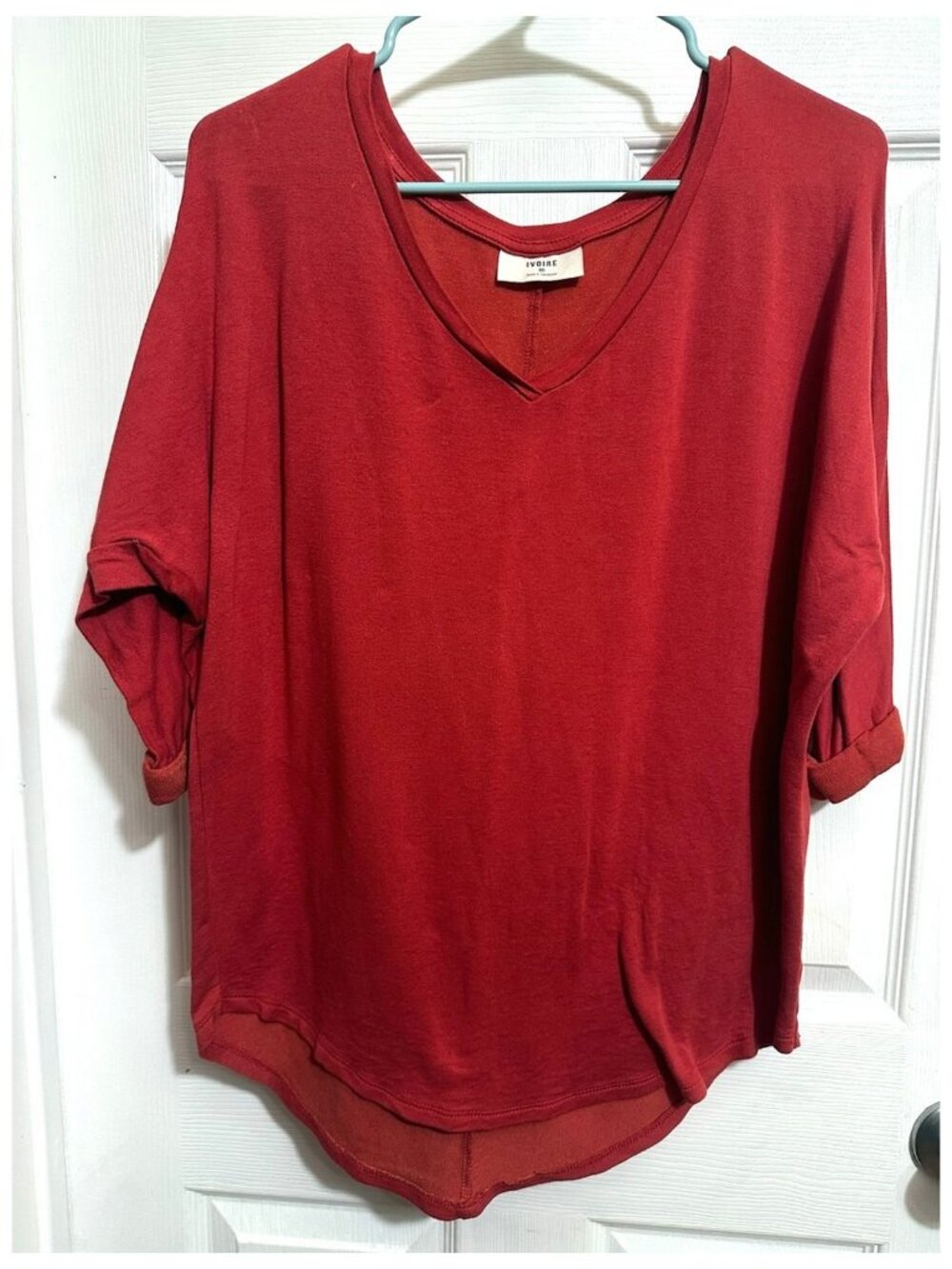 IVOIRE Women's Top Shirt Blouse Long Sleeve V Neck Red Size M